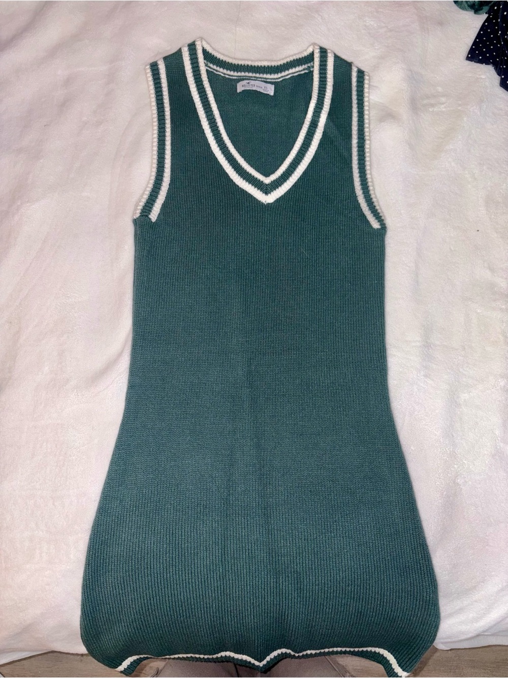 Hollister Green Knit Sleeveless V-Neck Sweater Dress with White Trim